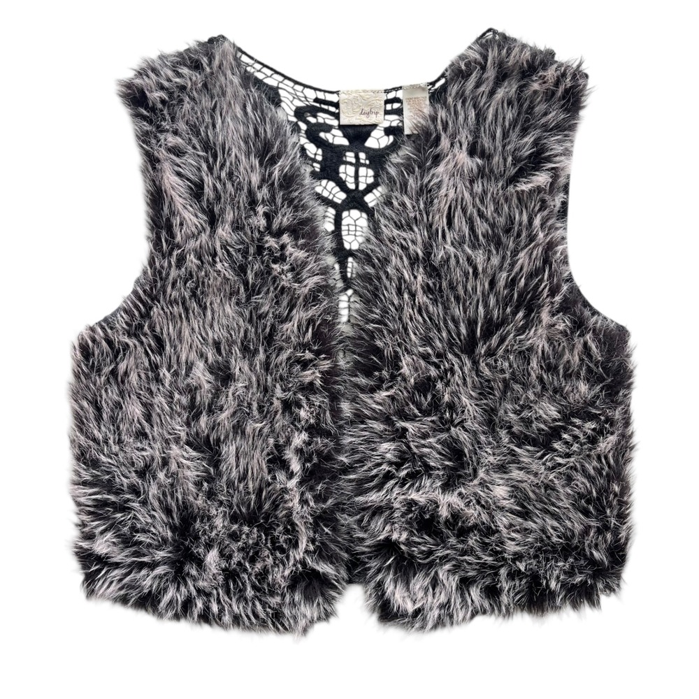 Daytrip Women's L Black Grey Faux Fur Lace Crochet Back Open Front Vest Y2K Boho